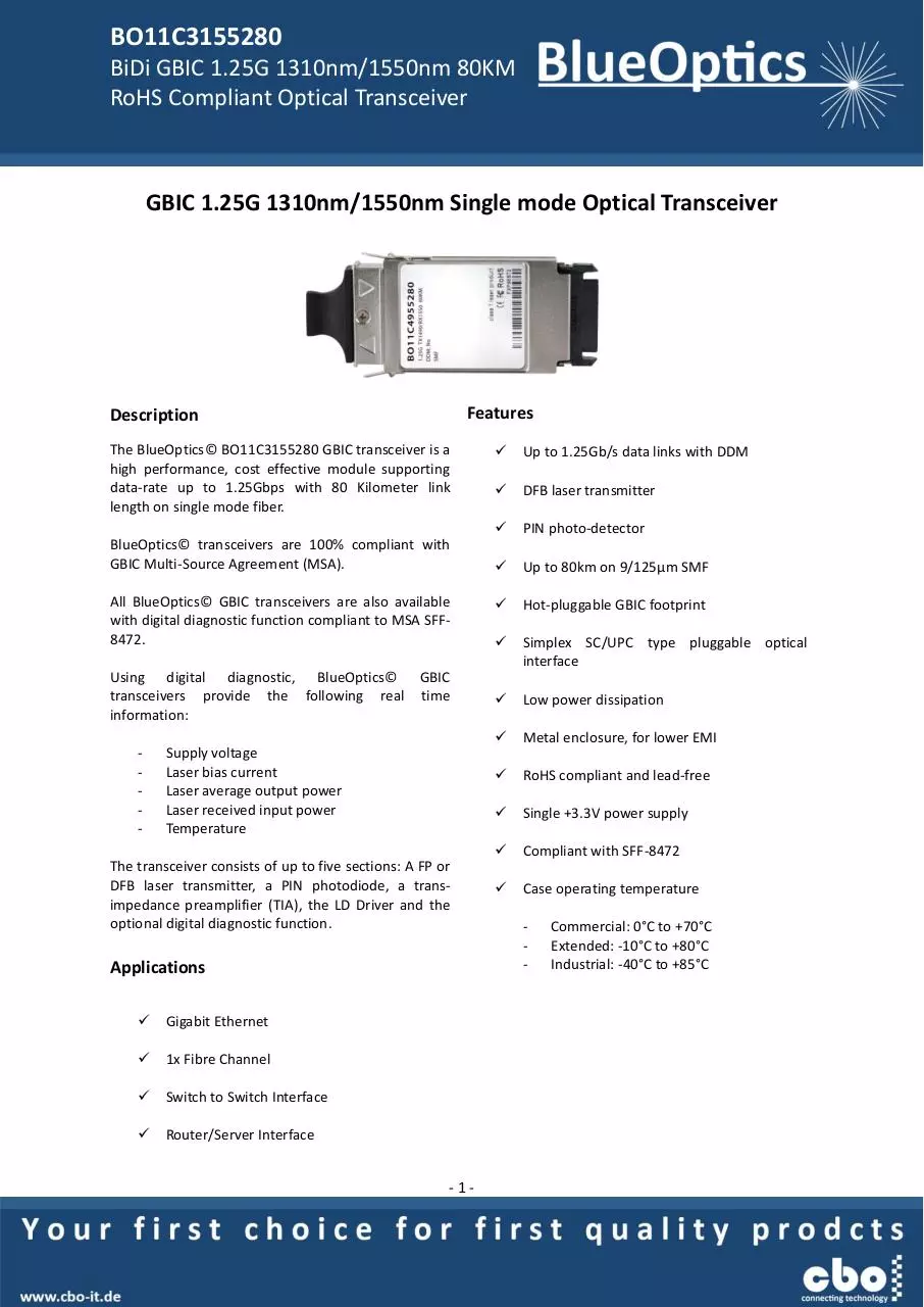 Page 1 of 8, BlueOptics BO11C4955280 1000BASE BX U GBIC Bidi Transceiver