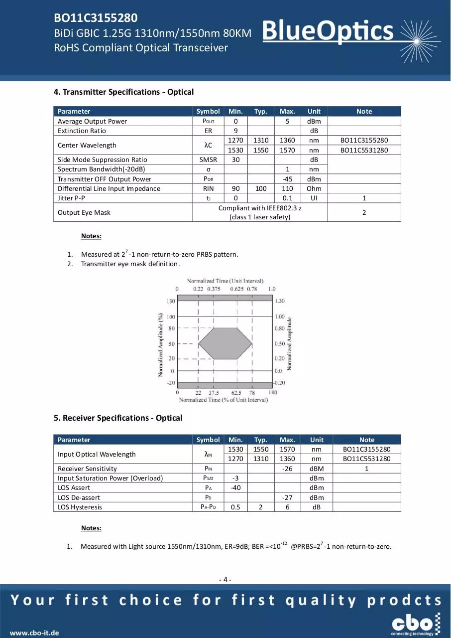 Page 4 of 8, BlueOptics BO11C4955280 1000BASE BX U GBIC Bidi Transceiver