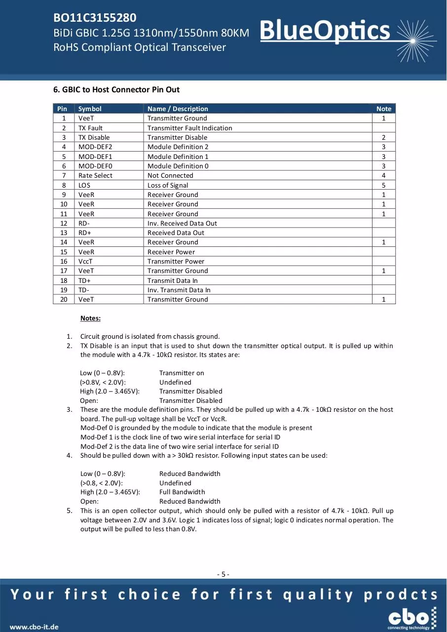 Page 5 of 8, BlueOptics BO11C4955280 1000BASE BX U GBIC Bidi Transceiver