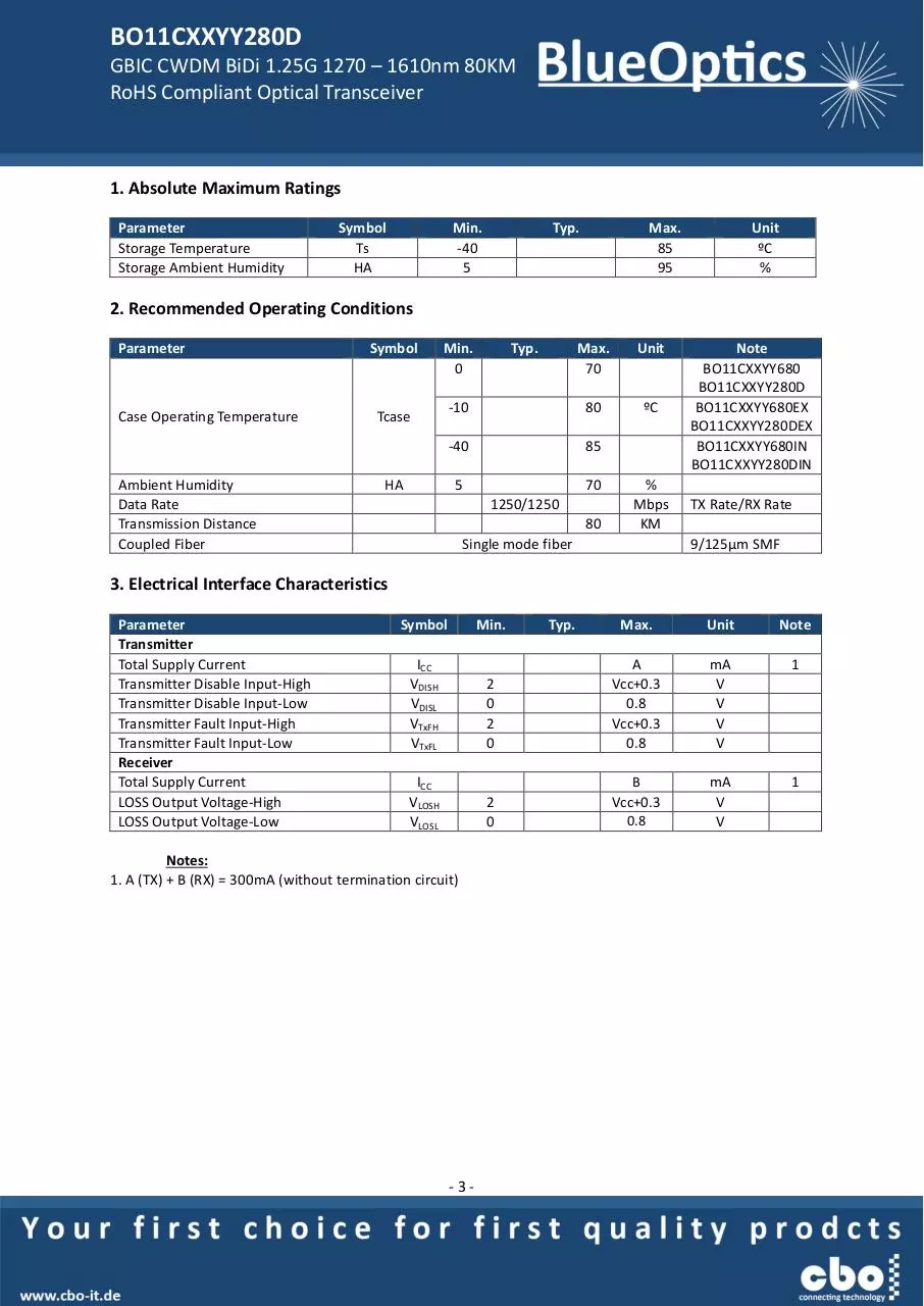 Page 3 of 7, BlueOptics BO11CXXYY280 1000BASE BX CWDM GBIC Bidi