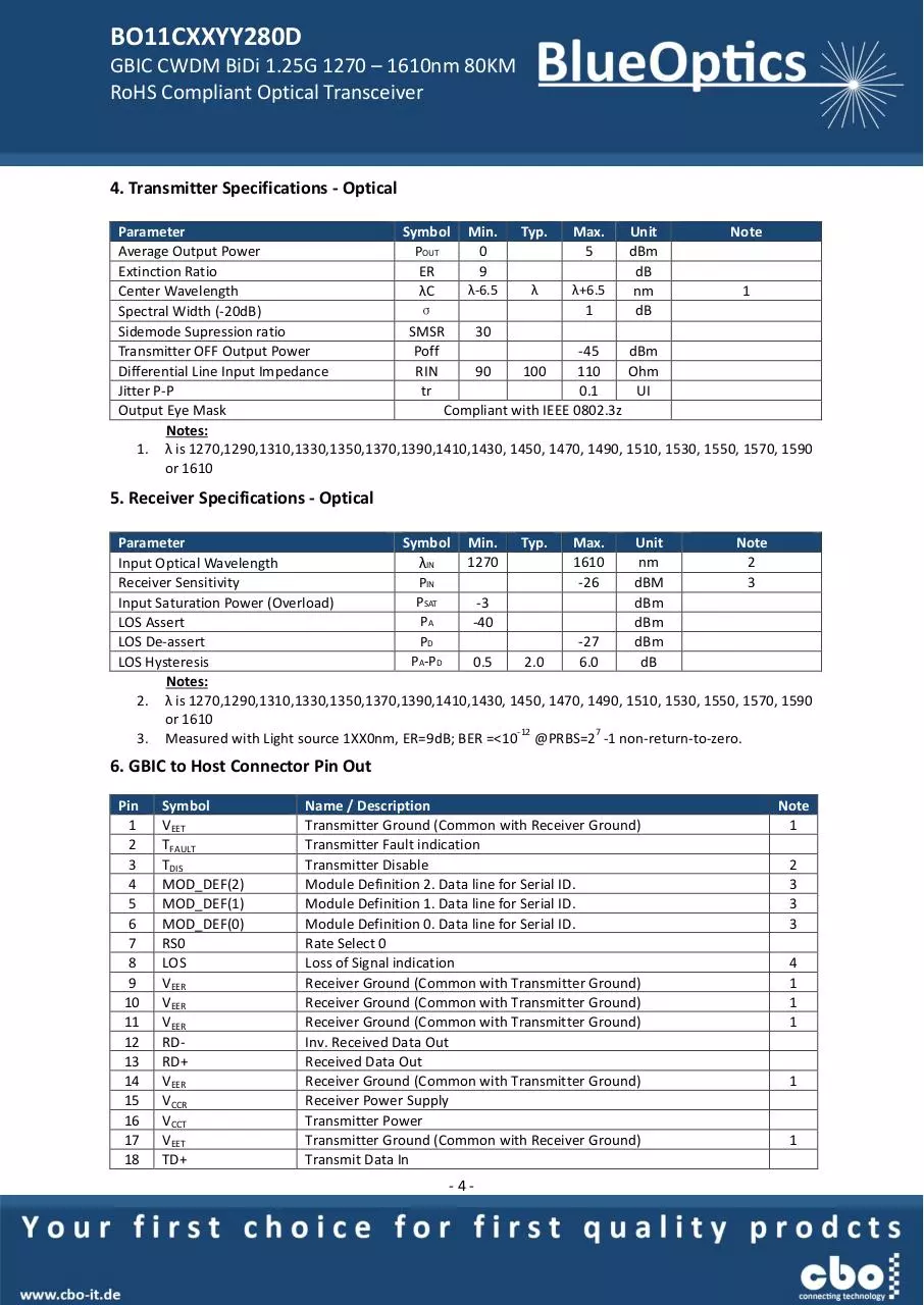 Page 4 of 7, BlueOptics BO11CXXYY280 1000BASE BX CWDM GBIC Bidi