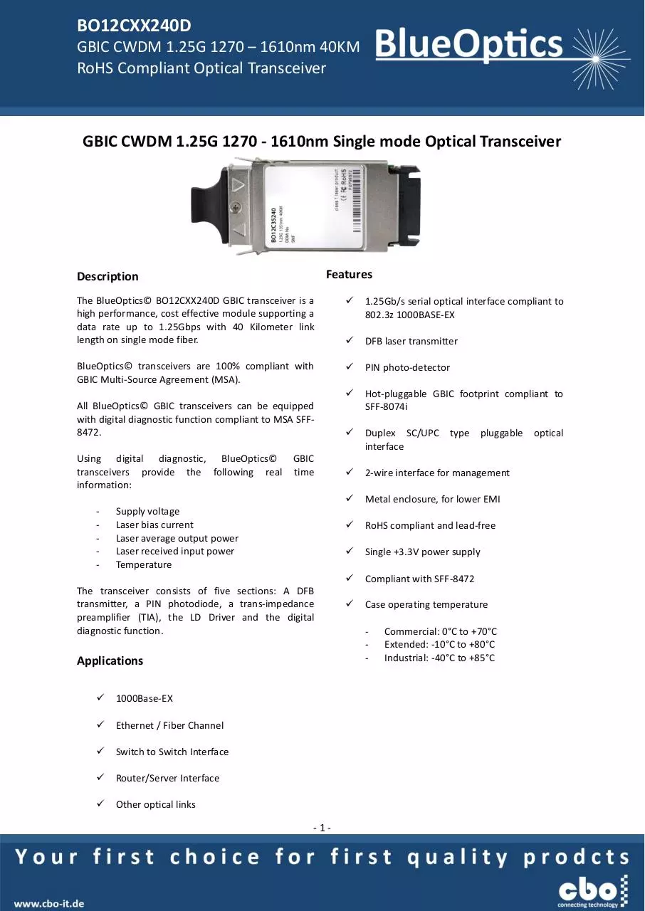 Page 1 of 7, BlueOptics BO12CXX240 1000BASE CWDM GBIC