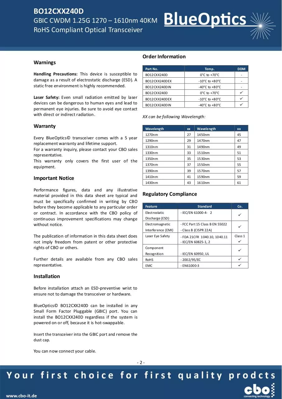 Page 2 of 7, BlueOptics BO12CXX240 1000BASE CWDM GBIC
