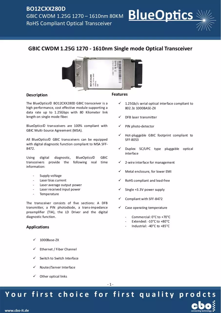 Page 1 of 7, BlueOptics BO12CXX280 1000BASE CWDM GBIC