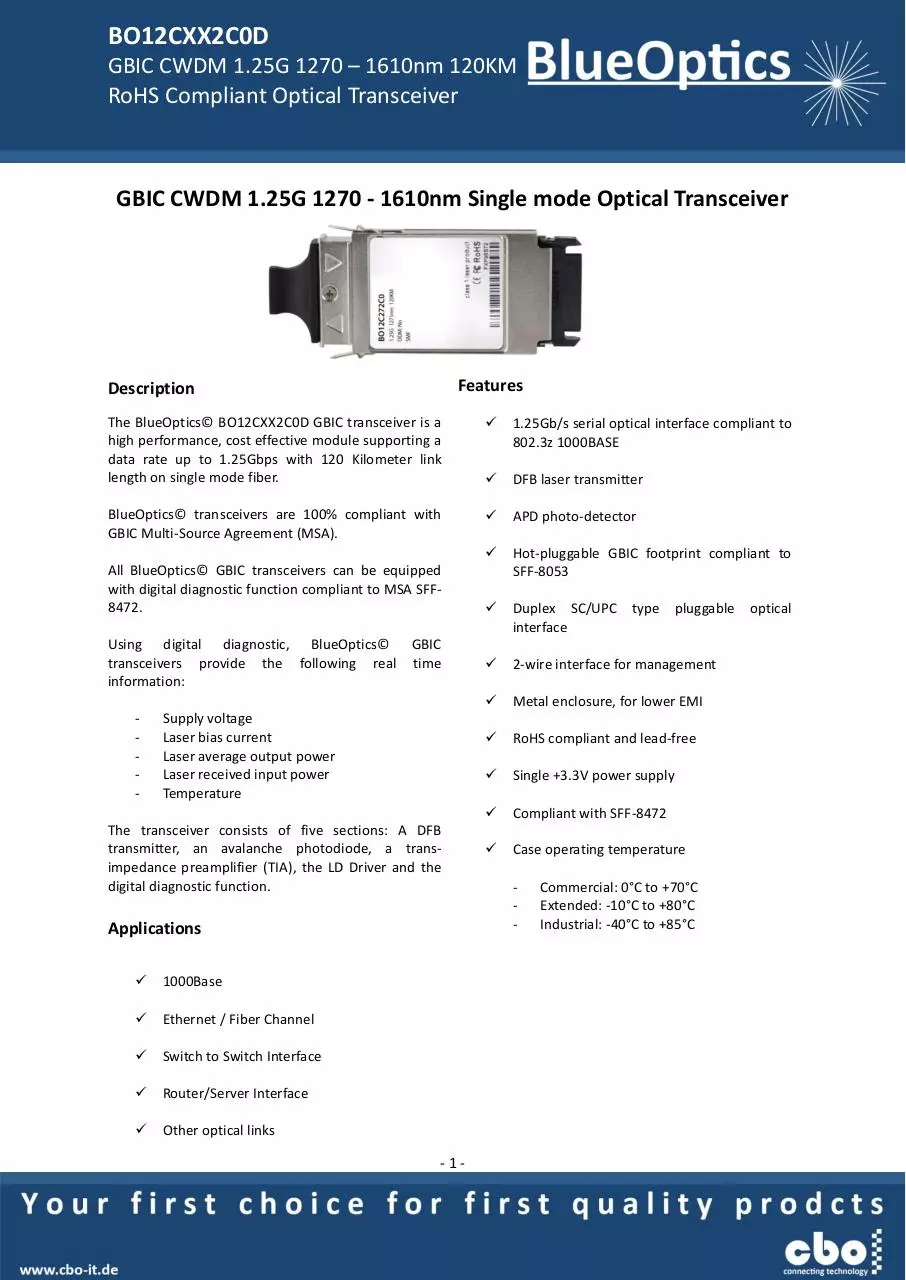 Page 1 of 7, BlueOptics BO12CXX2C0 1000BASE CWDM GBIC