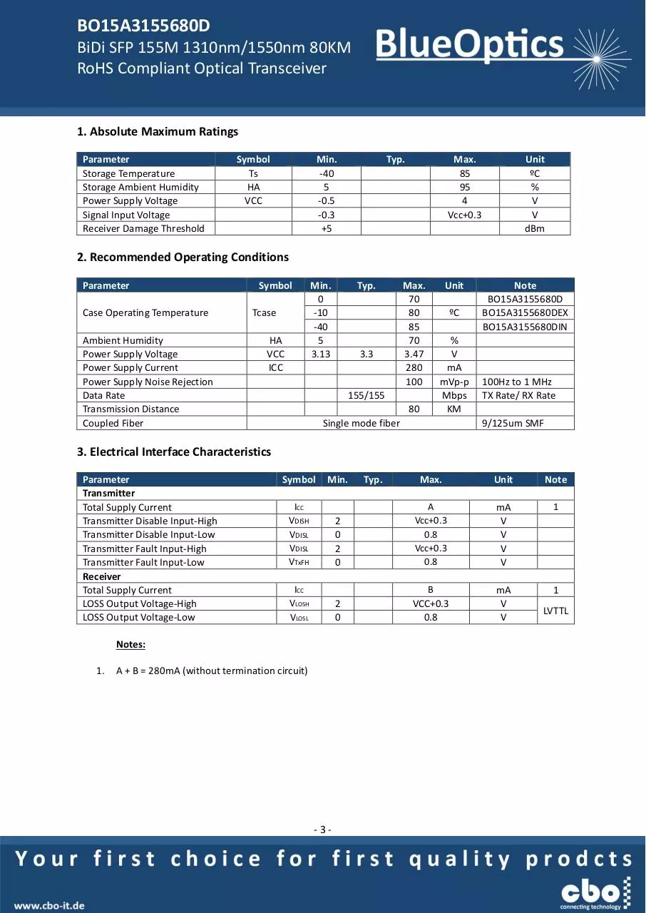 Page 3 of 8, BlueOptics BO15A3155680D 100BASE BX U SFP Bidi