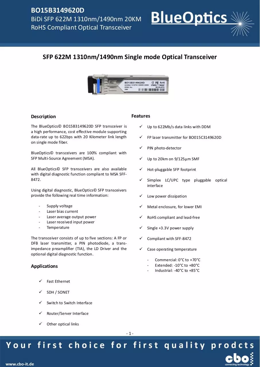 Page 1 of 8, BlueOptics BO15B3149620D 622 Mbit SFP Bidi