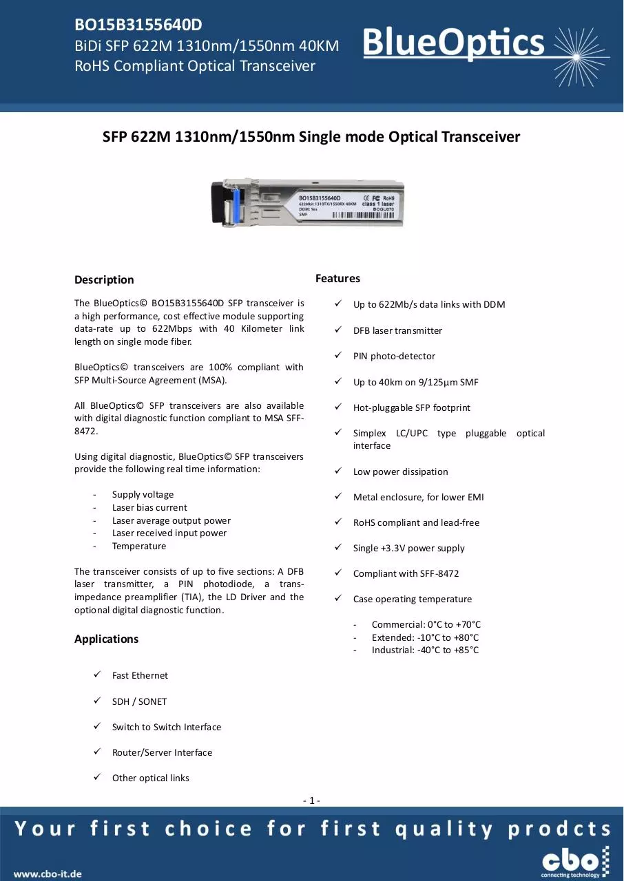 Page 1 of 8, BlueOptics BO15B3155640D 622 Mbit SFP Bidi