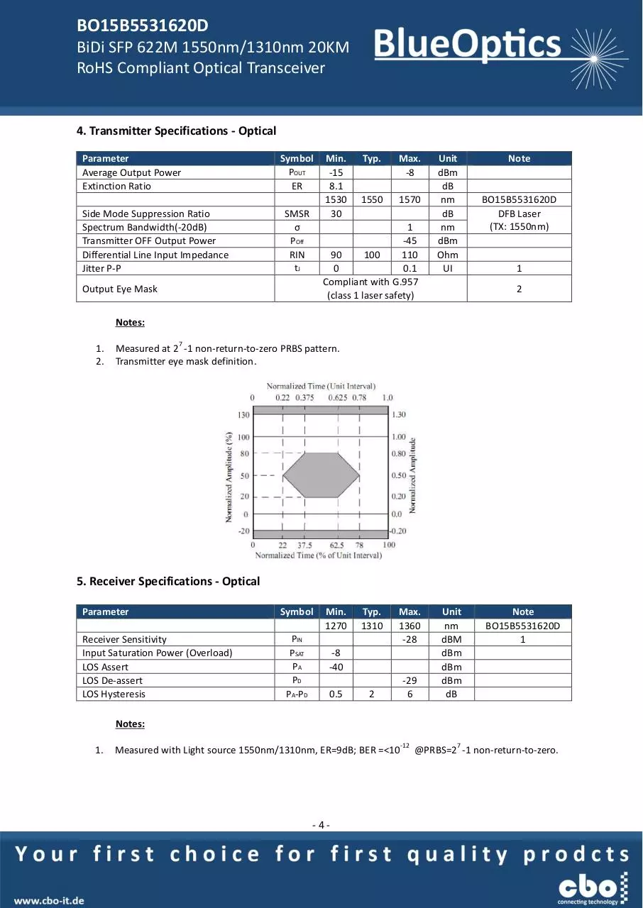 Page 4 of 8, BlueOptics BO15B5531620D 622 Mbit SFP Bidi