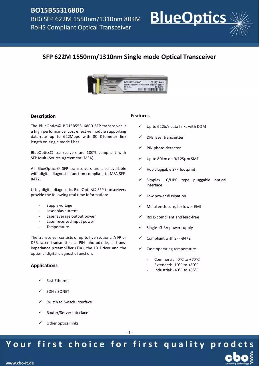 Page 1 of 8, BlueOptics BO15B5531680D 622 Mbit SFP Bidi