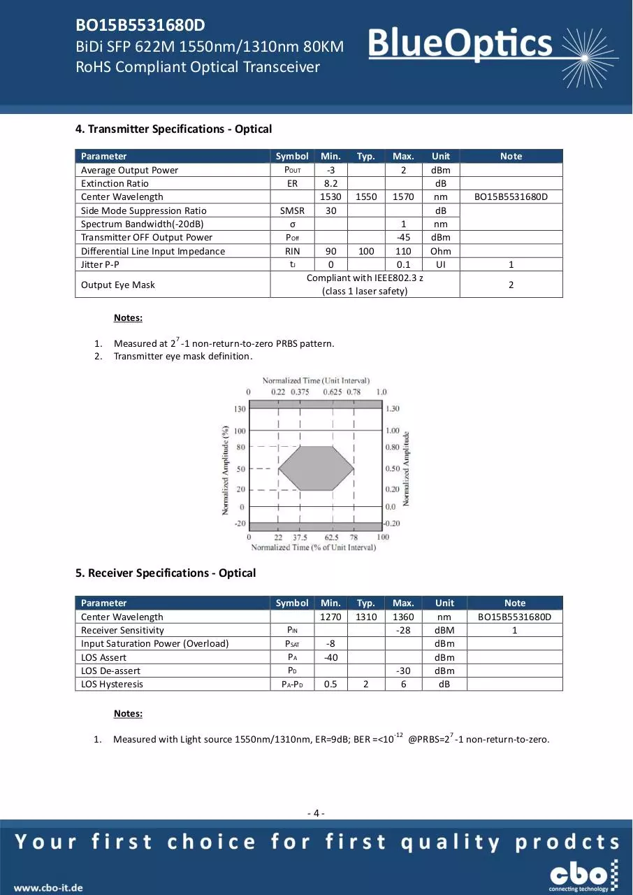 Page 4 of 8, BlueOptics BO15B5531680D 622 Mbit SFP Bidi