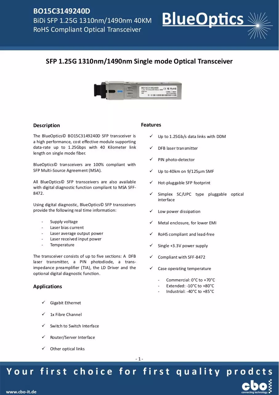 Page 1 of 8, BlueOptics BO15C3149240D 1000BASE BX U SFP Bidi