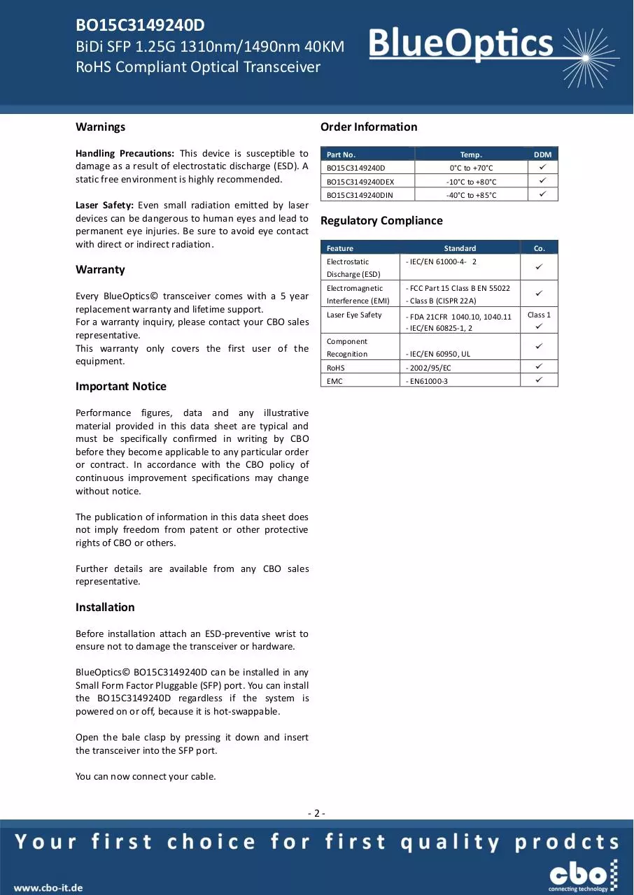 Page 2 of 8, BlueOptics BO15C3149240D 1000BASE BX U SFP Bidi