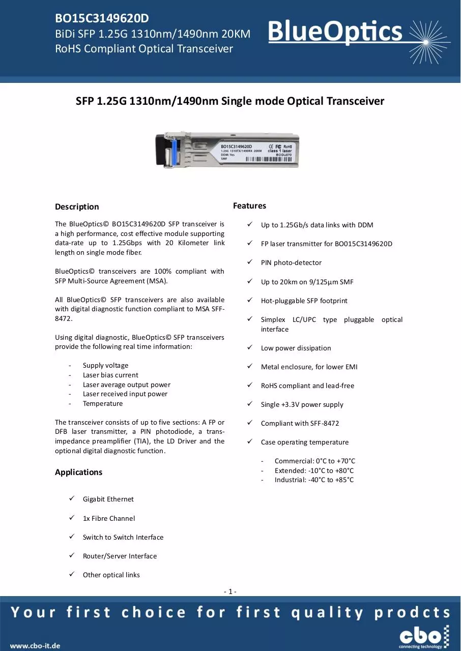 Page 1 of 8, BlueOptics BO15C3149620D SFP Bidi