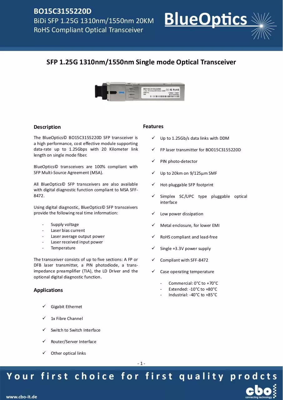 Page 1 of 8, BlueOptics BO15C3155220D 1000BASE BX U SFP