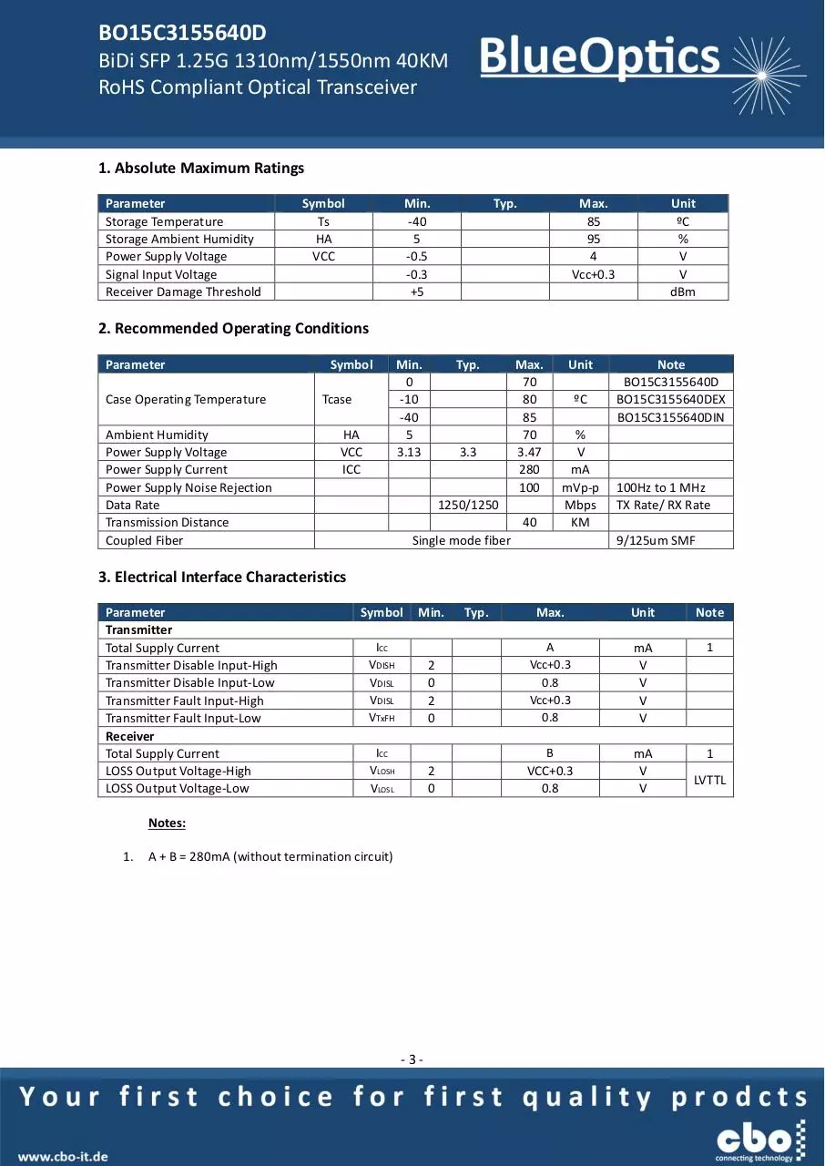 Page 3 of 8, BlueOptics BO15C3155640D SFP Bidi Transceiver