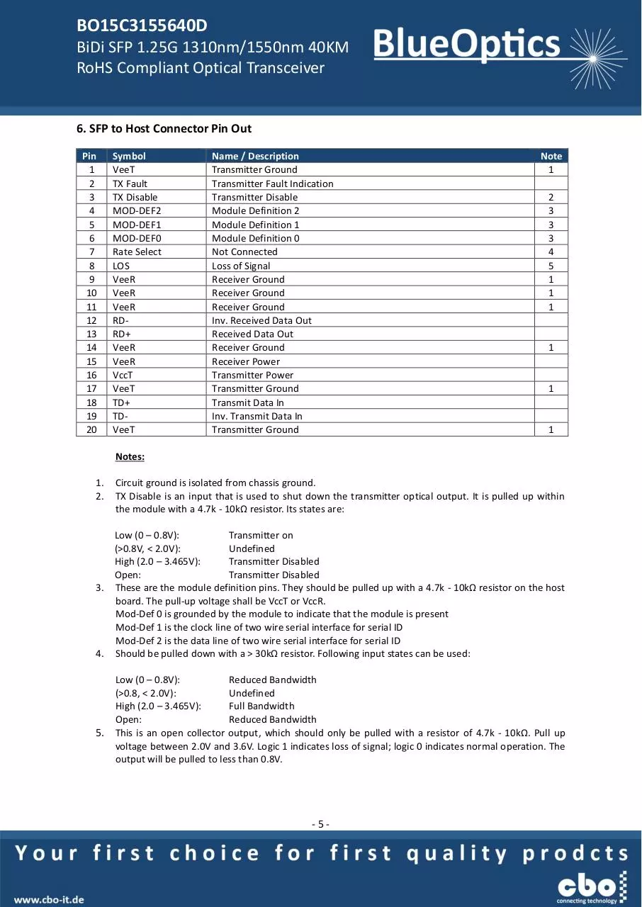 Page 5 of 8, BlueOptics BO15C3155640D SFP Bidi Transceiver