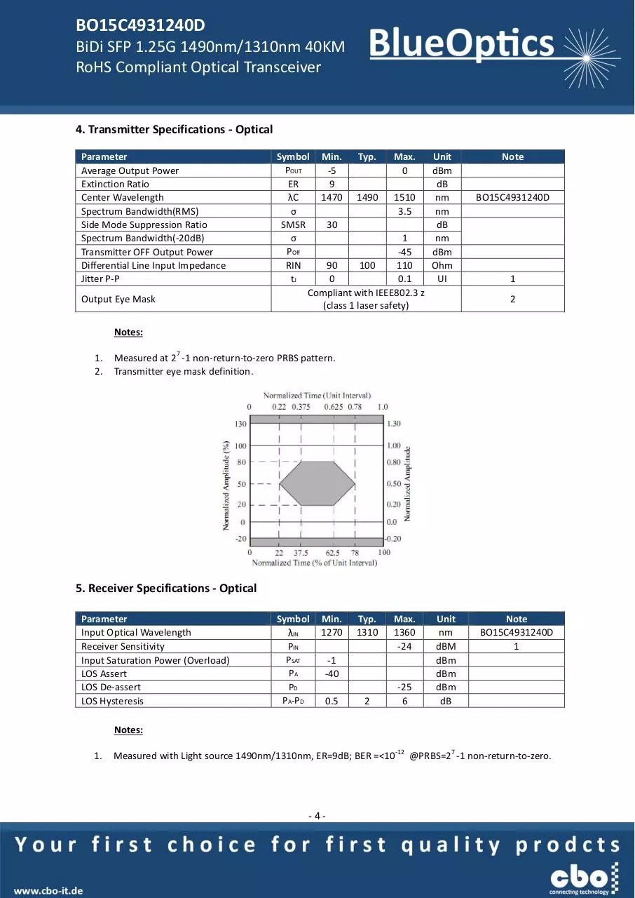 Page 4 of 8, BlueOptics BO15C4931240D SFP Bidi Transceiver