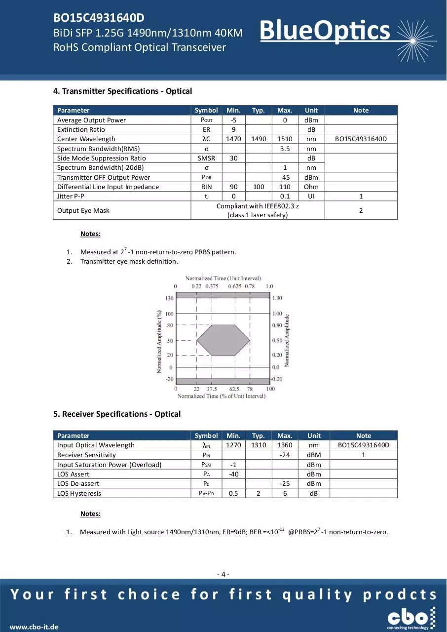 Page 4 of 8, BlueOptics BO15C4931640D SFP Bidi Transceiver