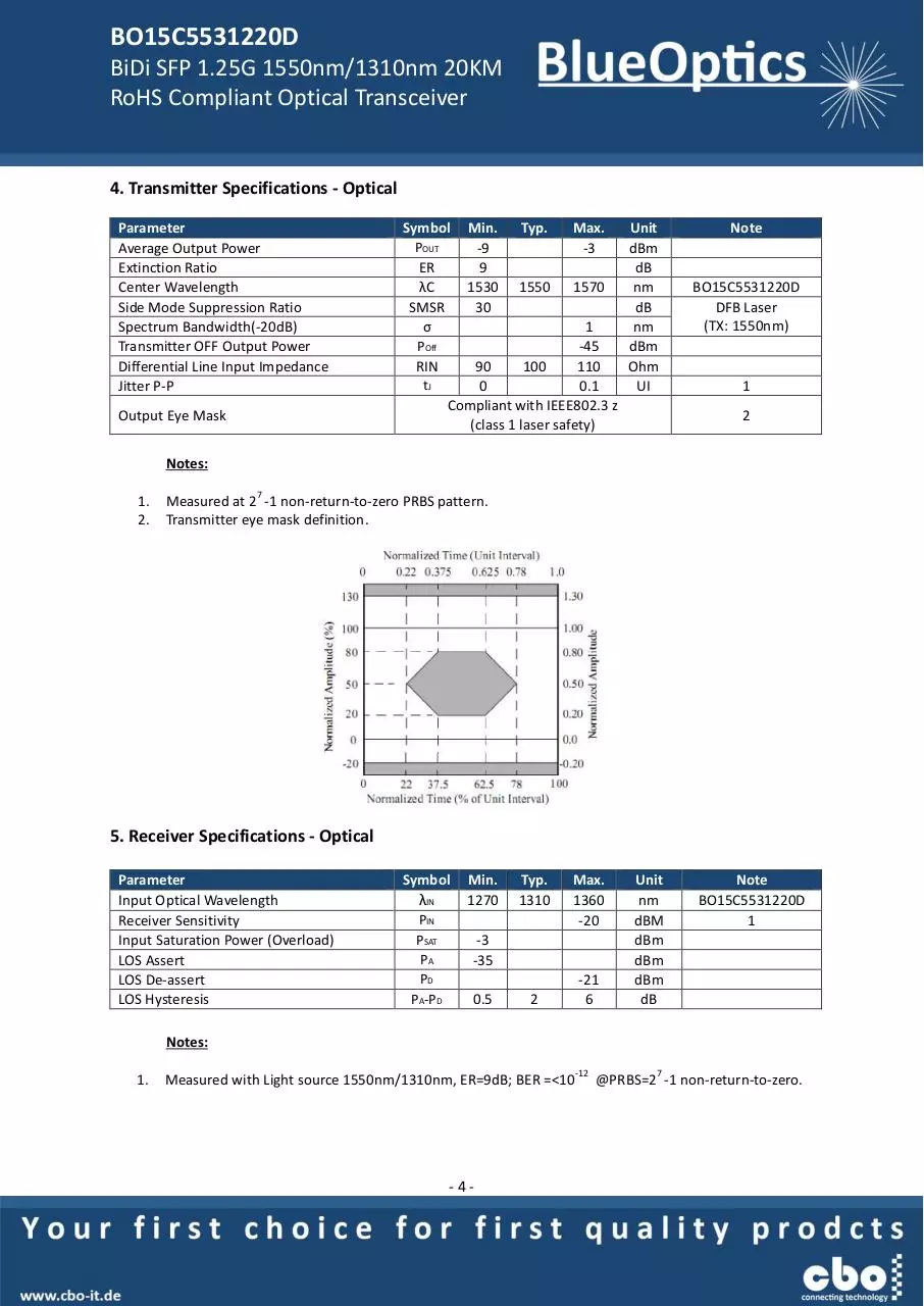 Page 4 of 8, BlueOptics BO15C5531220D SFP Bidi Transceiver 1000BASE BX D