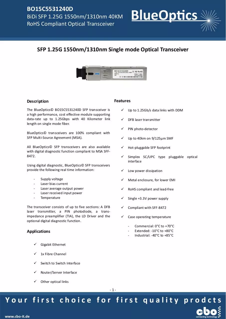 Page 1 of 8, BlueOptics BO15C5531240D SFP Bidi Transceiver 1000BASE BX D