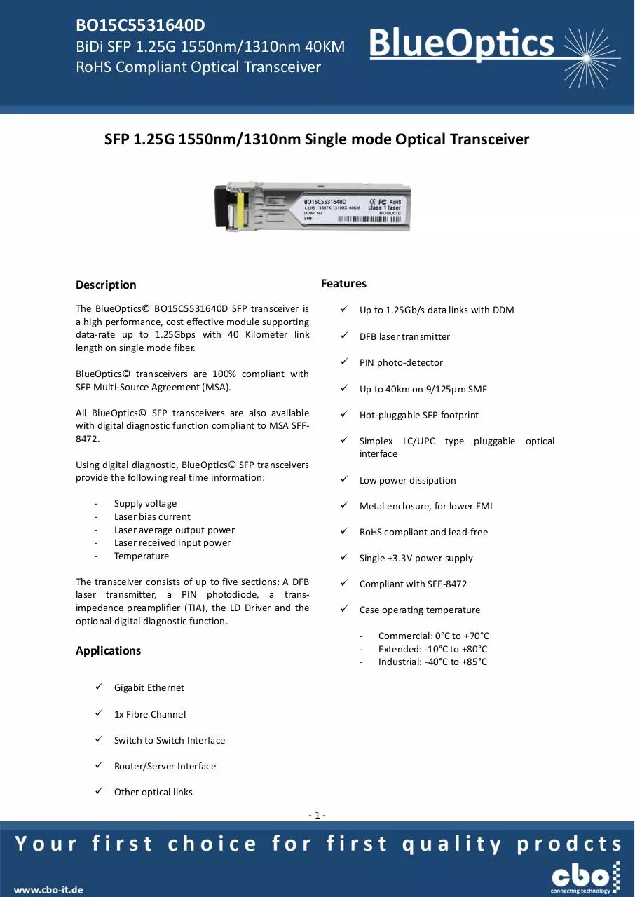 Page 1 of 8, BlueOptics BO15C5531640D SFP Bidi Transceiver 1000BASE BX D
