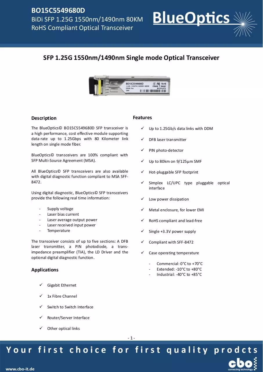 Page 1 of 8, BlueOptics BO15C5549680D SFP Bidi Transceiver 1000BASE BX U