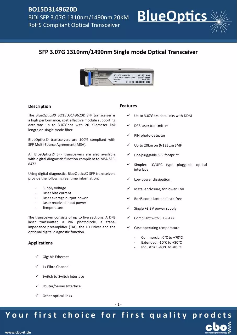 Page 1 of 8, BlueOptics BO15D3149620D SFP Bidi Transceiver TX1310nm