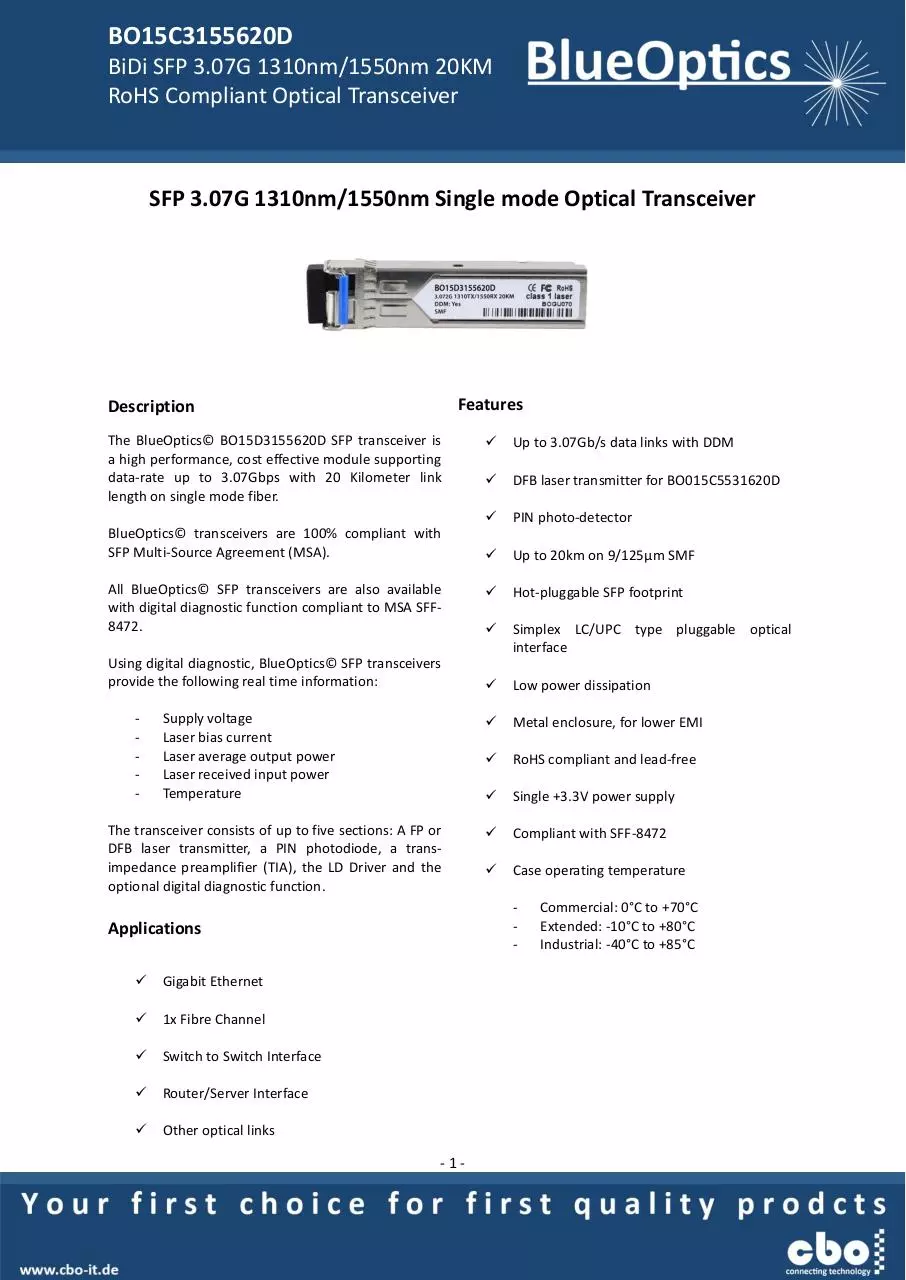 Page 1 of 8, BlueOptics BO15D3155620D SFP Bidi Transceiver TX1310nm