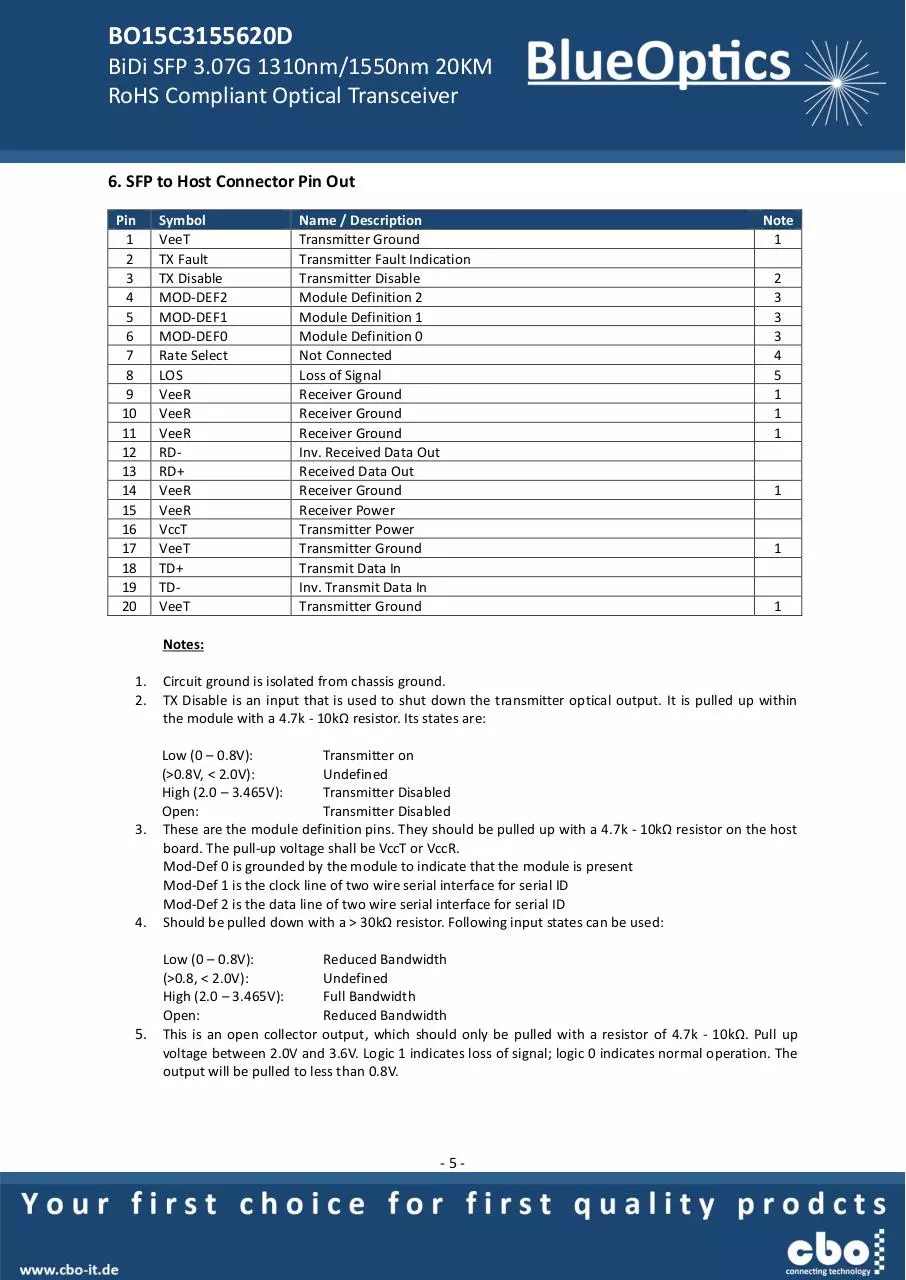 Page 5 of 8, BlueOptics BO15D3155620D SFP Bidi Transceiver TX1310nm