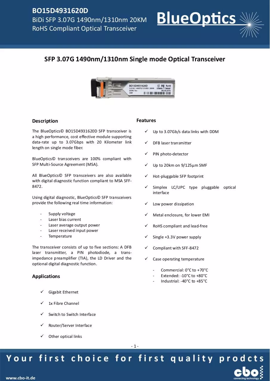 Page 1 of 8, BlueOptics BO15D4931620D SFP Bidi Transceiver TX1490nm