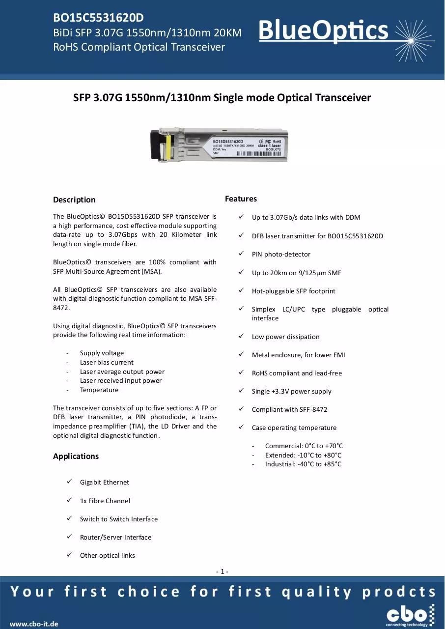 Page 1 of 8, BlueOptics BO15D5531620D SFP Bidi Transceiver TX1550nm