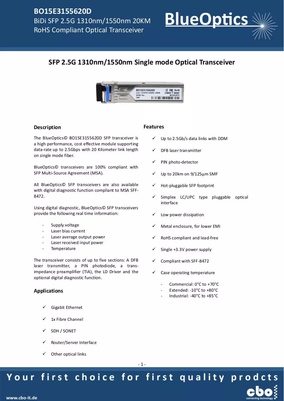 Page 1 of 8, BlueOptics BO15E3155620D SFP Bidi Transceiver TX1310nm