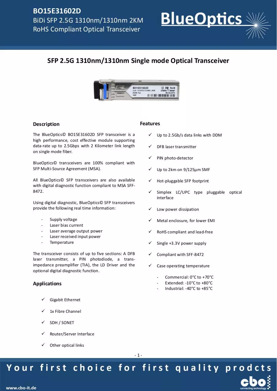 Page 1 of 8, BlueOptics BO15E31602D SFP Bidi Transceiver TX1310nm