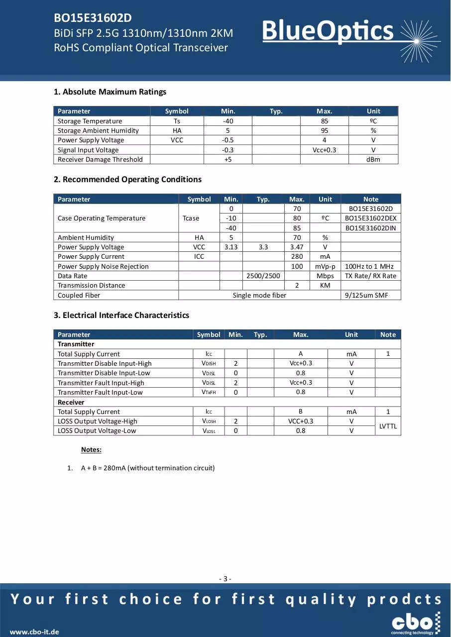 Page 3 of 8, BlueOptics BO15E31602D SFP Bidi Transceiver TX1310nm