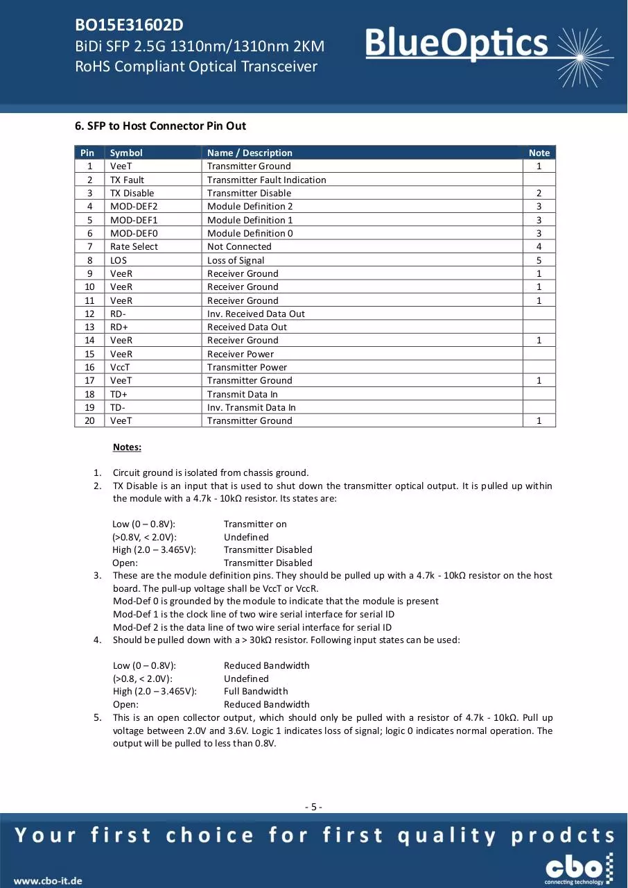 Page 5 of 8, BlueOptics BO15E31602D SFP Bidi Transceiver TX1310nm