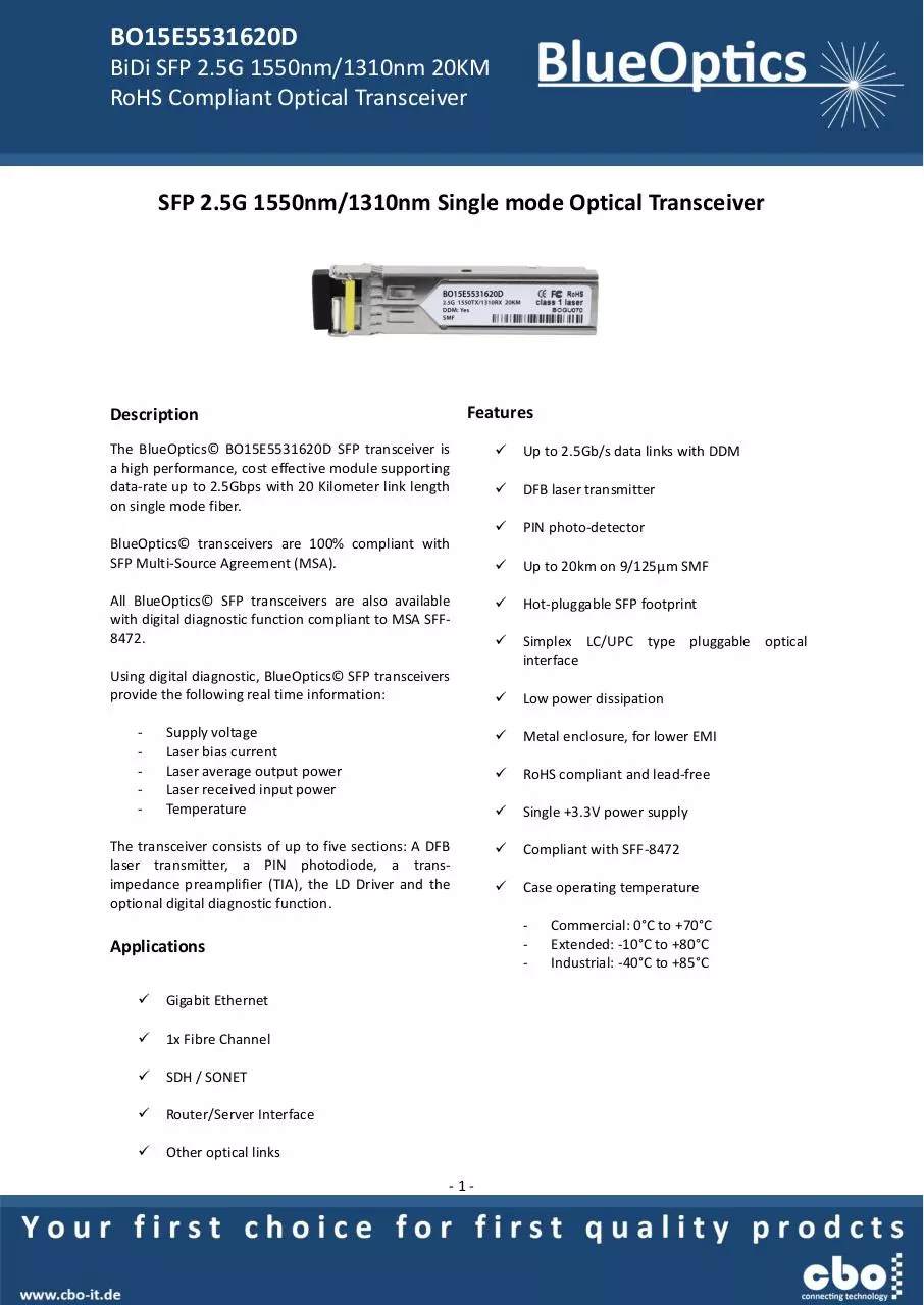 Page 1 of 8, BlueOptics BO15E5531620D SFP Bidi Transceiver TX1550nm