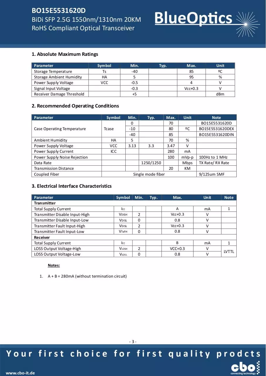 Page 3 of 8, BlueOptics BO15E5531620D SFP Bidi Transceiver TX1550nm