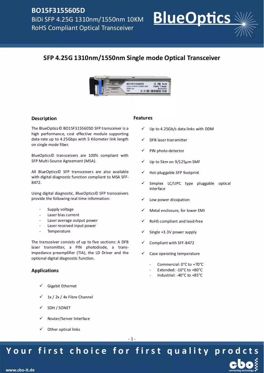 Page 1 of 8, BlueOptics BO15F3155605D SFP Bidi Transceiver TX1310nm