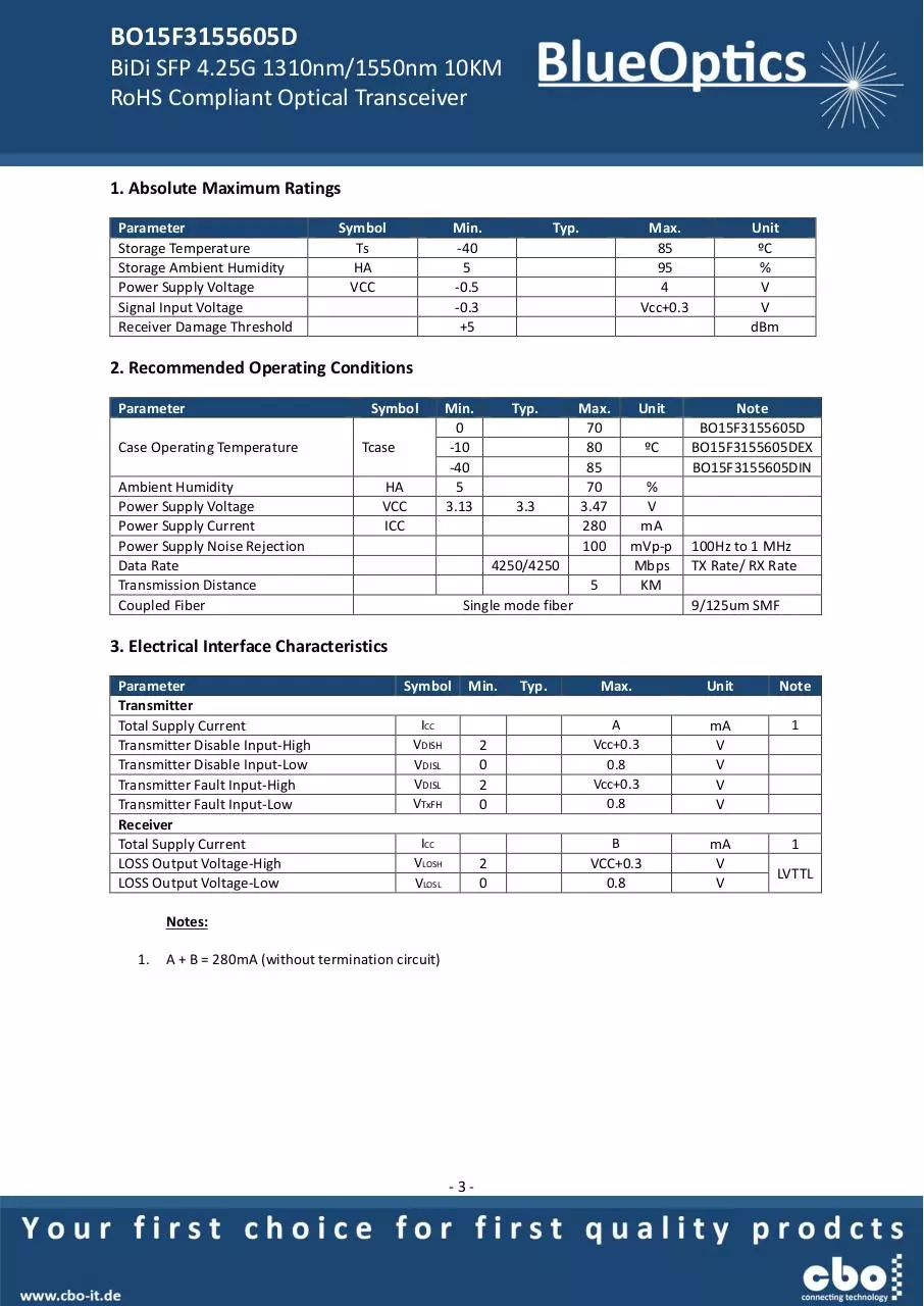 Page 3 of 8, BlueOptics BO15F3155605D SFP Bidi Transceiver TX1310nm