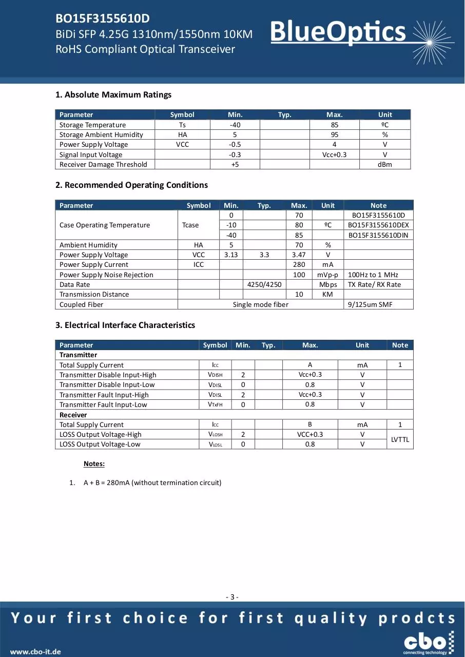 Page 3 of 8, BlueOptics BO15F3155610D SFP Bidi Transceiver TX1310nm