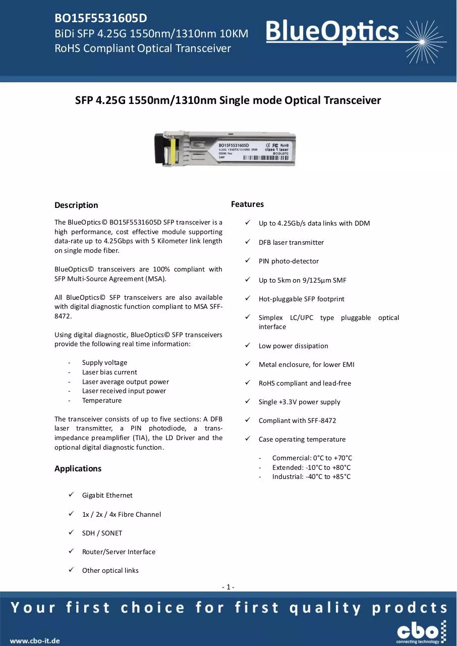 Page 1 of 8, BlueOptics BO15F5531605D SFP Bidi Transceiver TX1550nm