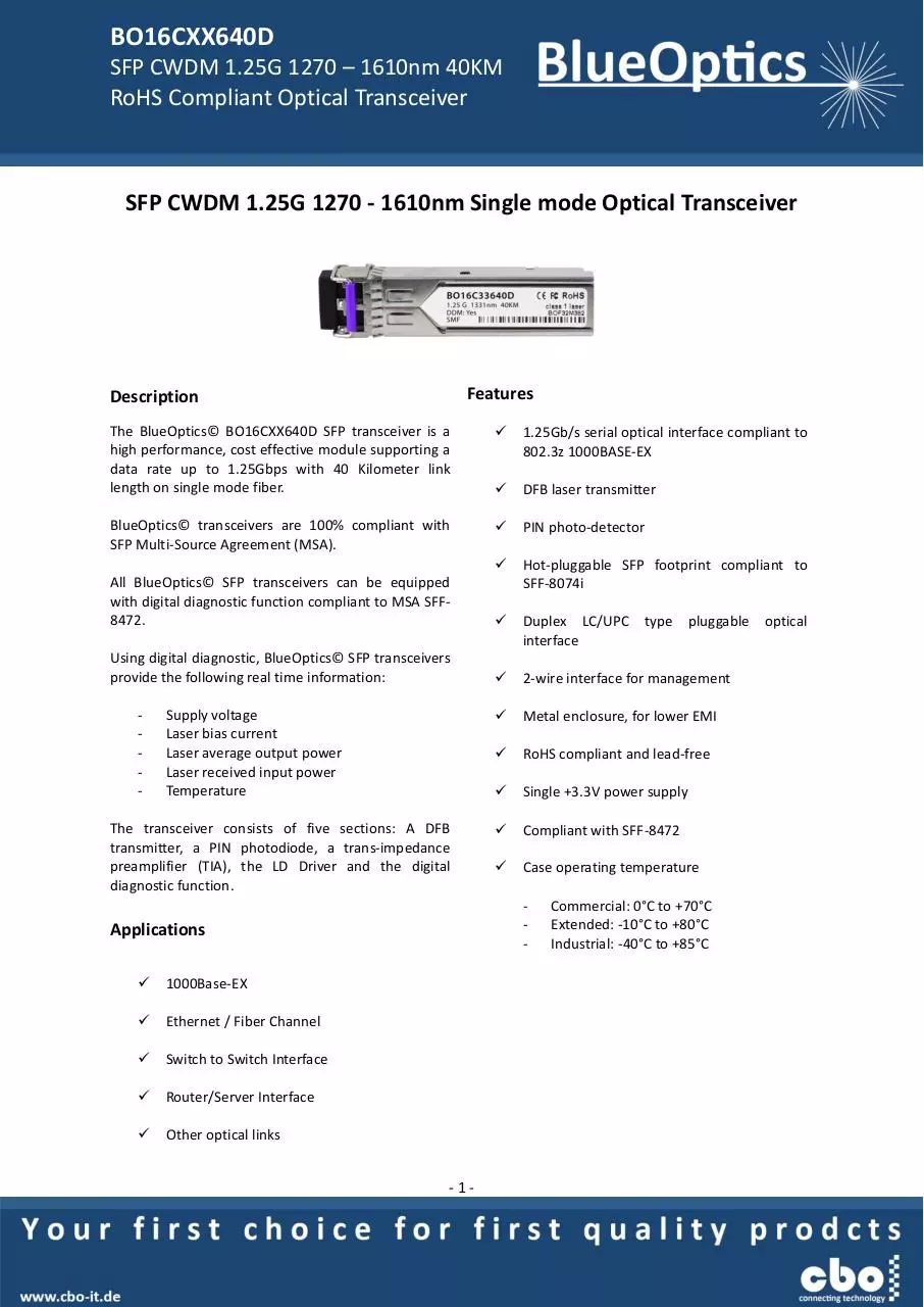 Page 1 of 7, BlueOptics BO16CXX640D 1000BASE CWDM SFP Transceiver