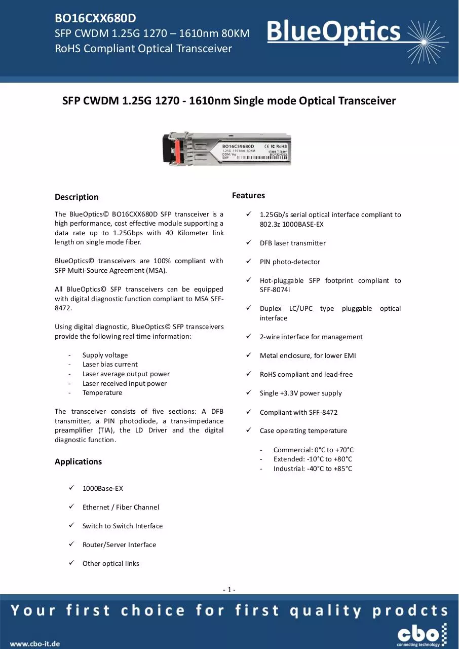 Page 1 of 7, BlueOptics BO16CXX680D 1000BASE CWDM SFP Transceiver