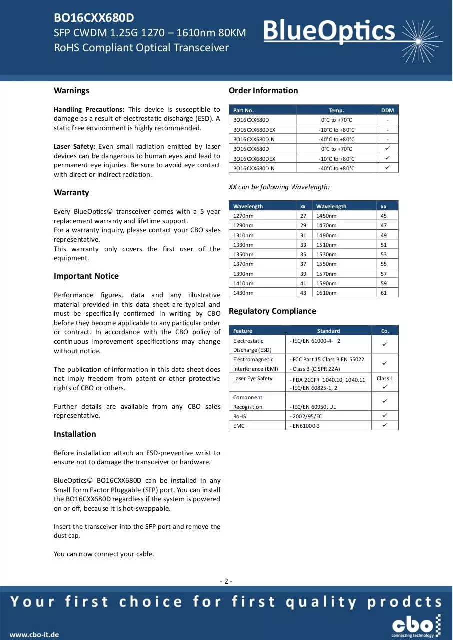 Page 2 of 7, BlueOptics BO16CXX680D 1000BASE CWDM SFP Transceiver