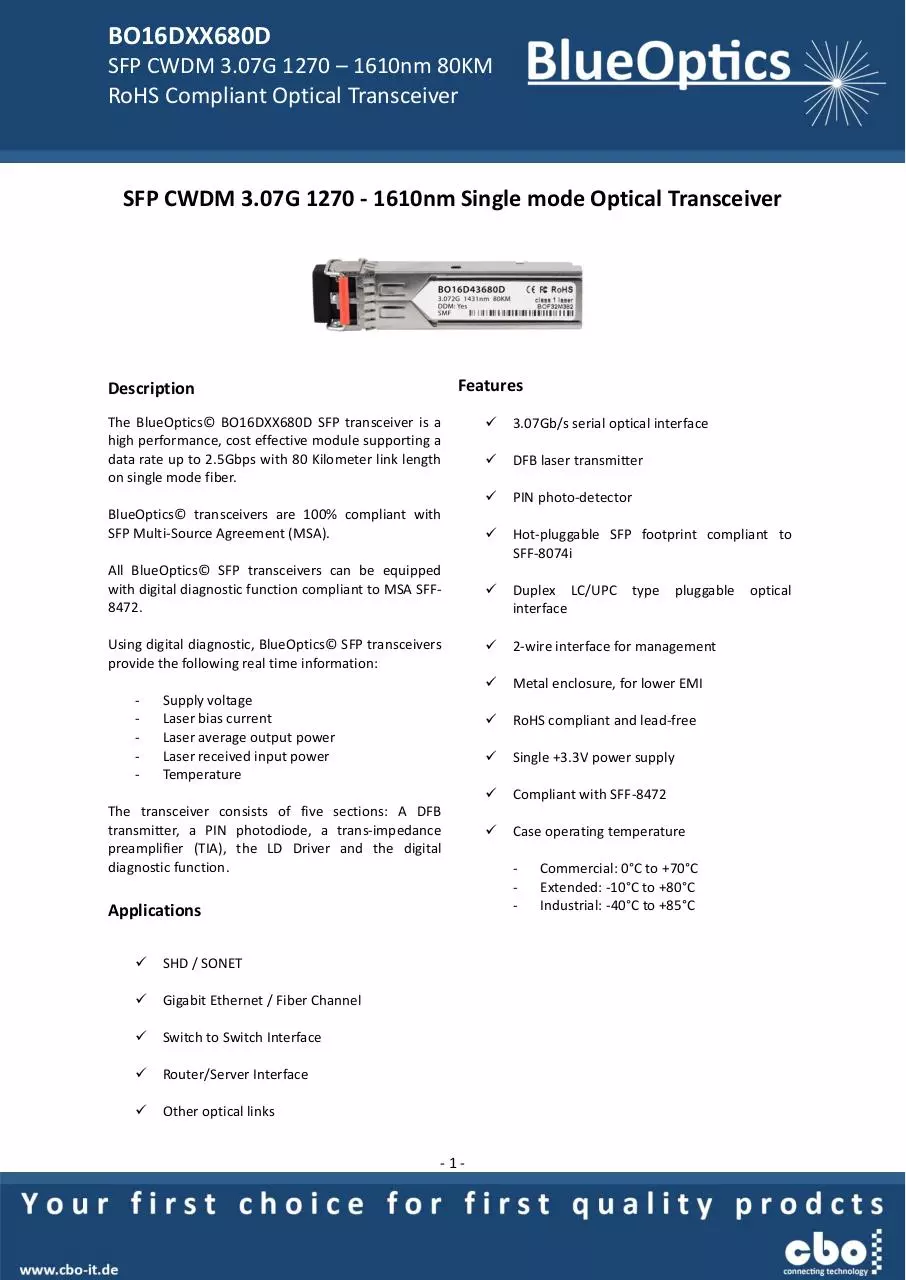 Page 1 of 7, BlueOptics BO16DXX680D SFP CWDM Transceiver 80KM