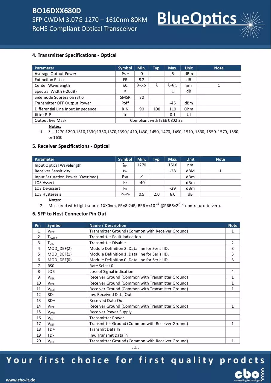Page 4 of 7, BlueOptics BO16DXX680D SFP CWDM Transceiver 80KM
