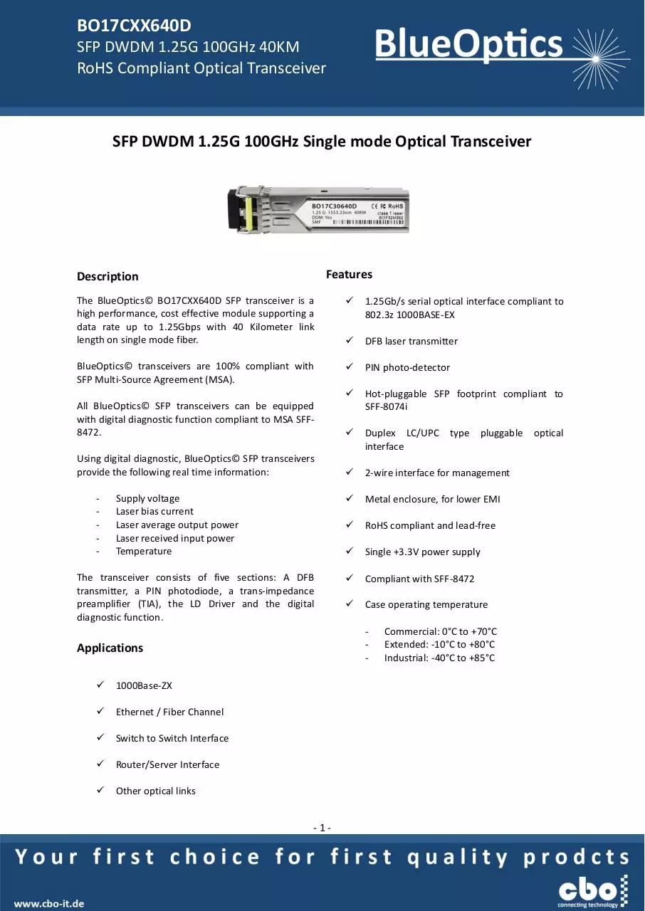 Page 1 of 7, BlueOptics BO17CXX640D 1000BASE DWDM SFP Transceiver