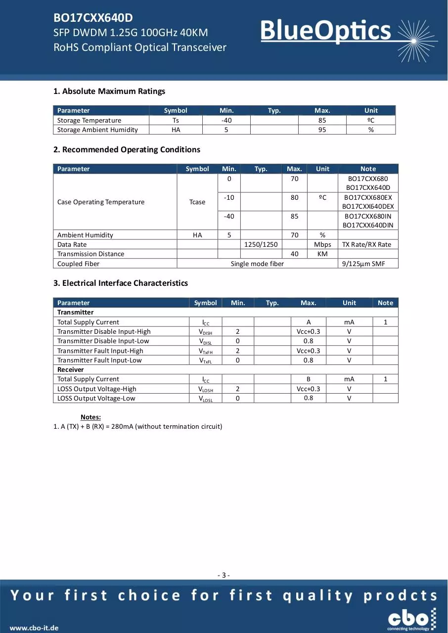 Page 3 of 7, BlueOptics BO17CXX640D 1000BASE DWDM SFP Transceiver