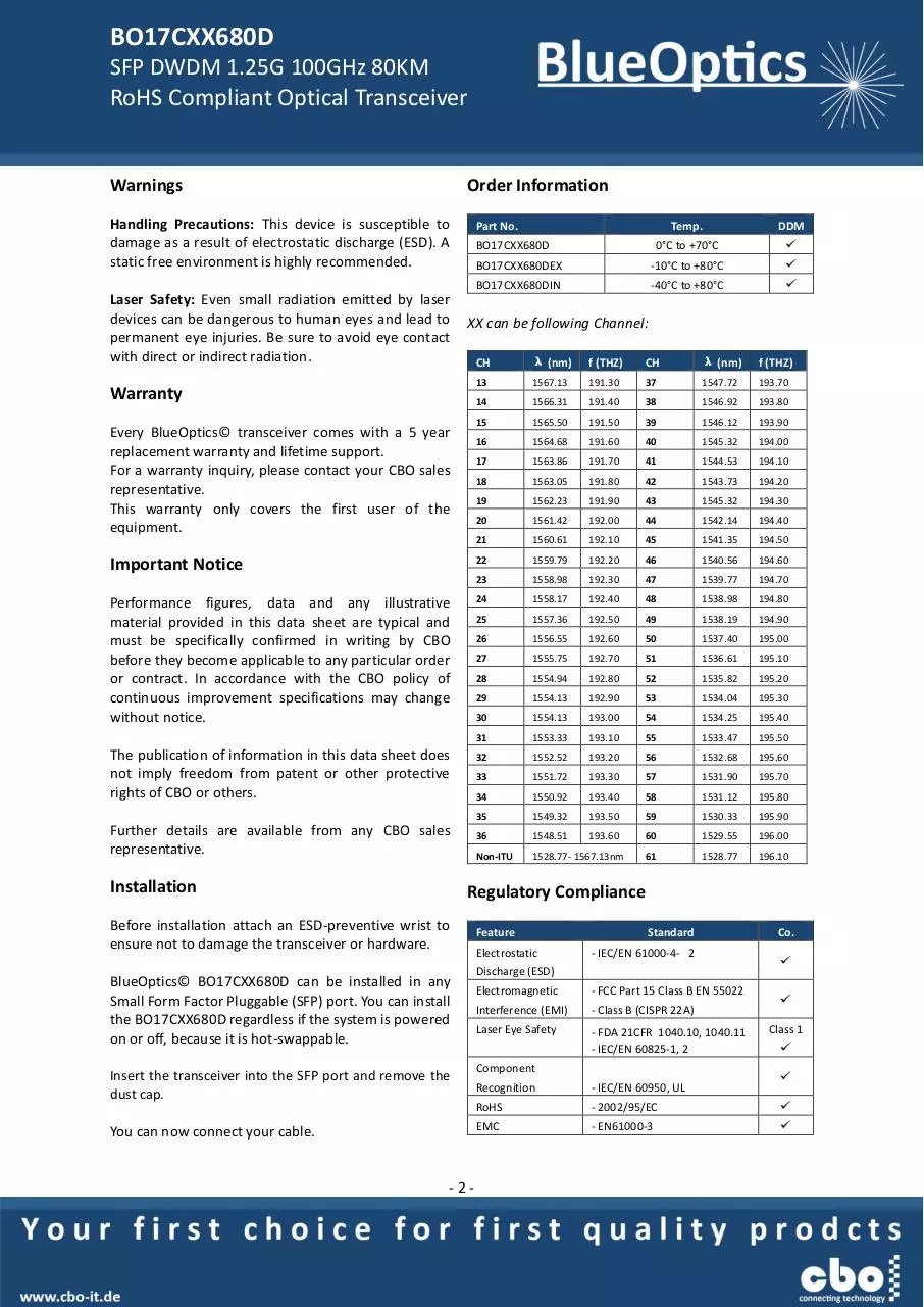 Page 2 of 7, BlueOptics BO17CXX680D 1000BASE DWDM SFP Transceiver